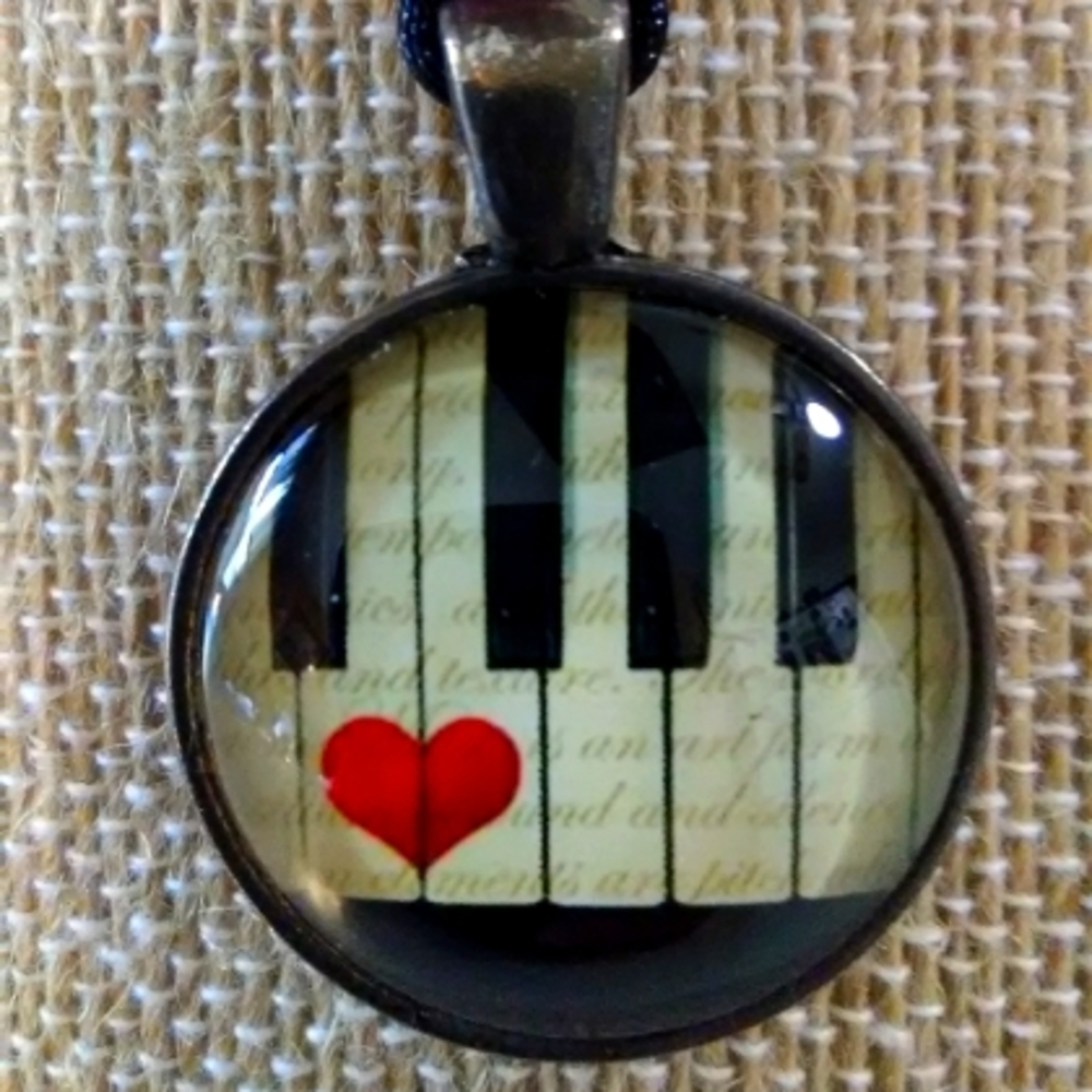 Piano Keys and Red Heart Cabochon Necklace